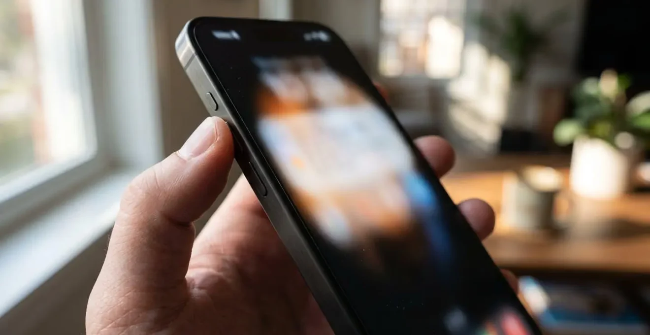 Vue partielle d'une main tenant un smartphone moderne affichant une notification, posé sur un bureau blanc contemporain avec lumière naturelle latérale
