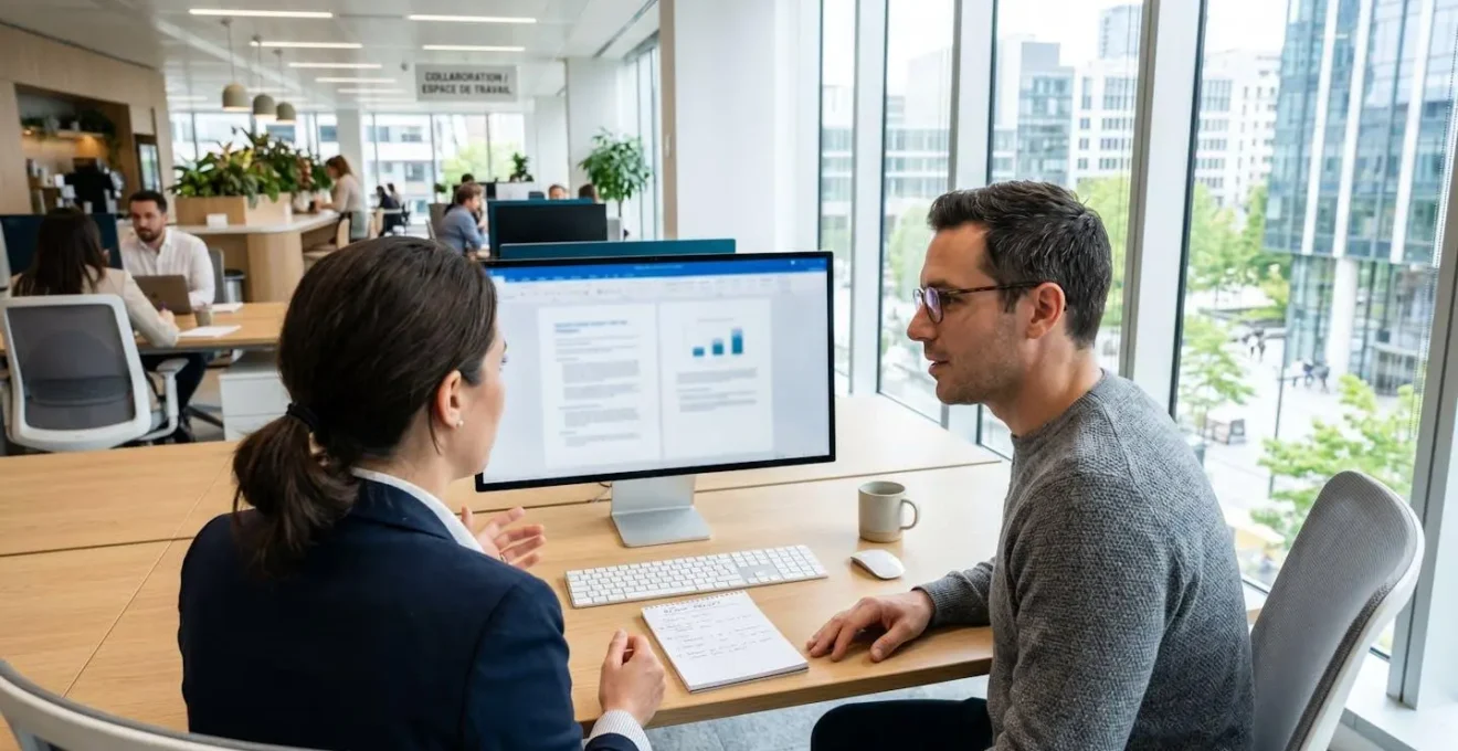 Deux professionnels vus de dos ou de profil consultent ensemble un écran d'ordinateur dans un bureau lumineux moderne, l'un pointant du doigt un document numérique
