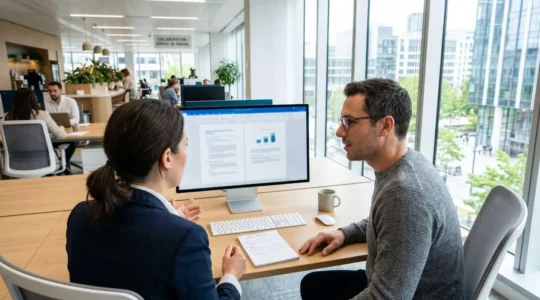 Deux professionnels vus de dos ou de profil consultent ensemble un écran d'ordinateur dans un bureau lumineux moderne, l'un pointant du doigt un document numérique