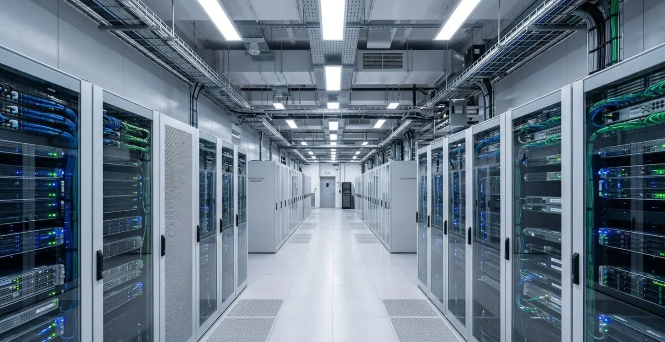 Salle de serveurs moderne et lumineuse, rangées de baies serveur contemporaines avec indicateurs LED bleus et verts, architecture épurée, éclairage LED blanc