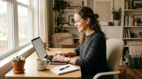 Responsable administratif utilisant une interface numérique pour envoyer un recommandé électronique depuis son bureau
