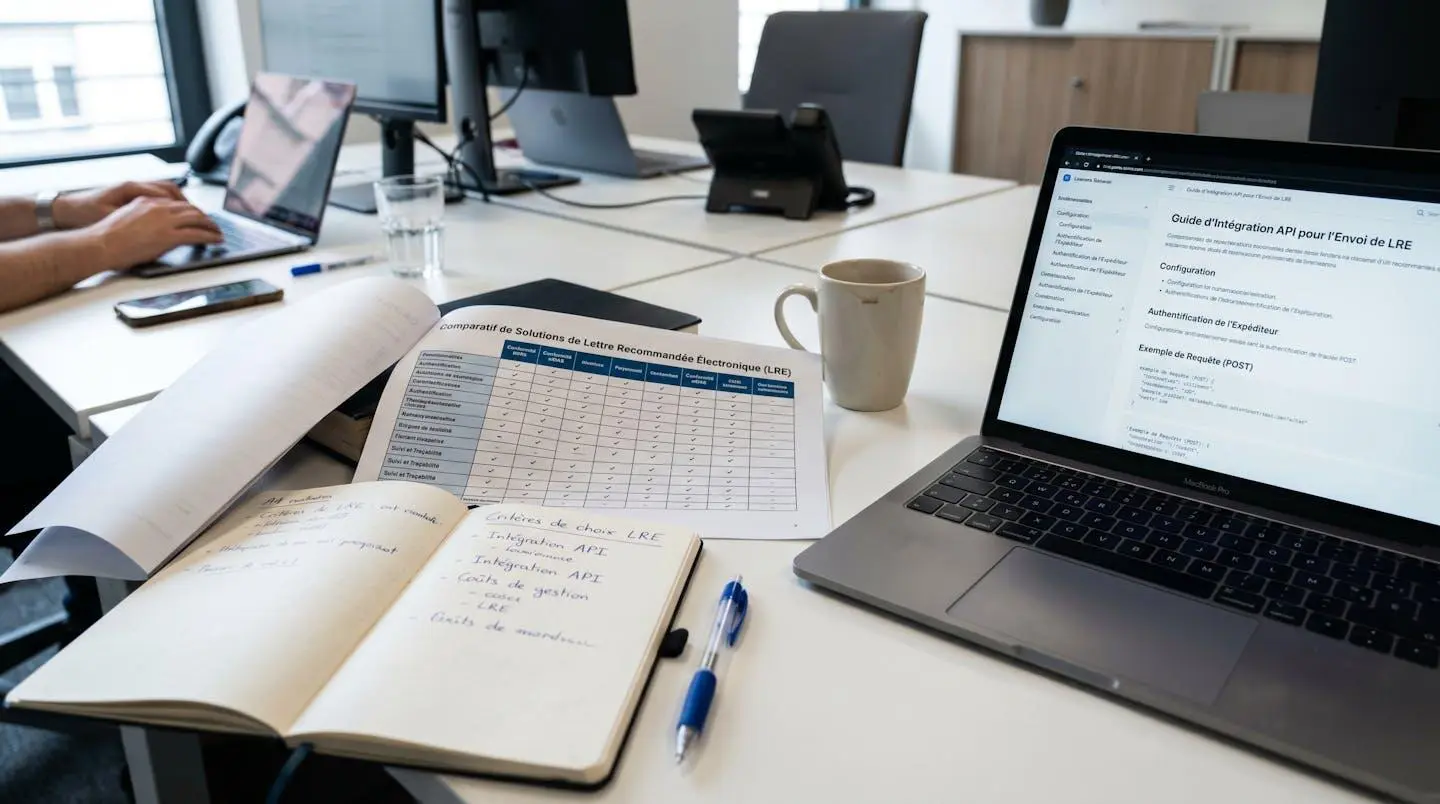Bureau de travail professionnel avec documentation technique ouverte et ordinateur affichant un tableau comparatif de solutions de recommandé électronique, tous documents en français