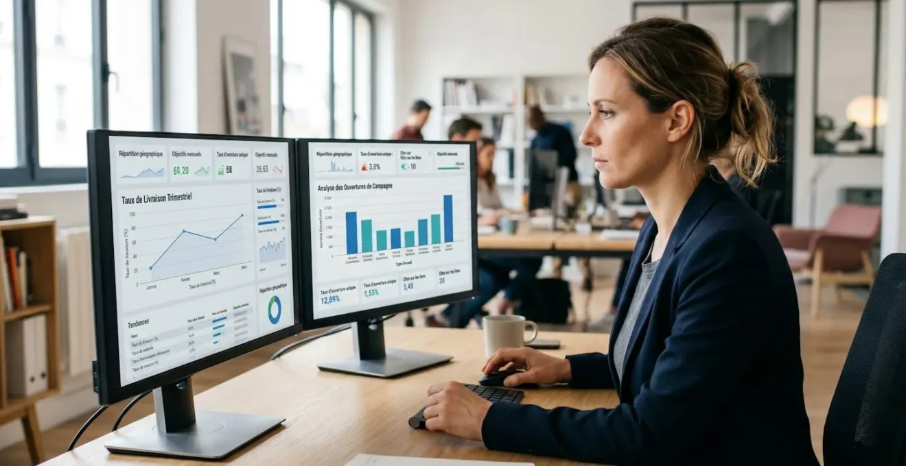 Professionnel consultant des tableaux de bord de performance affichant les taux d'ouverture et de livraison de lettres recommandées électroniques sur deux écrans d'ordinateur