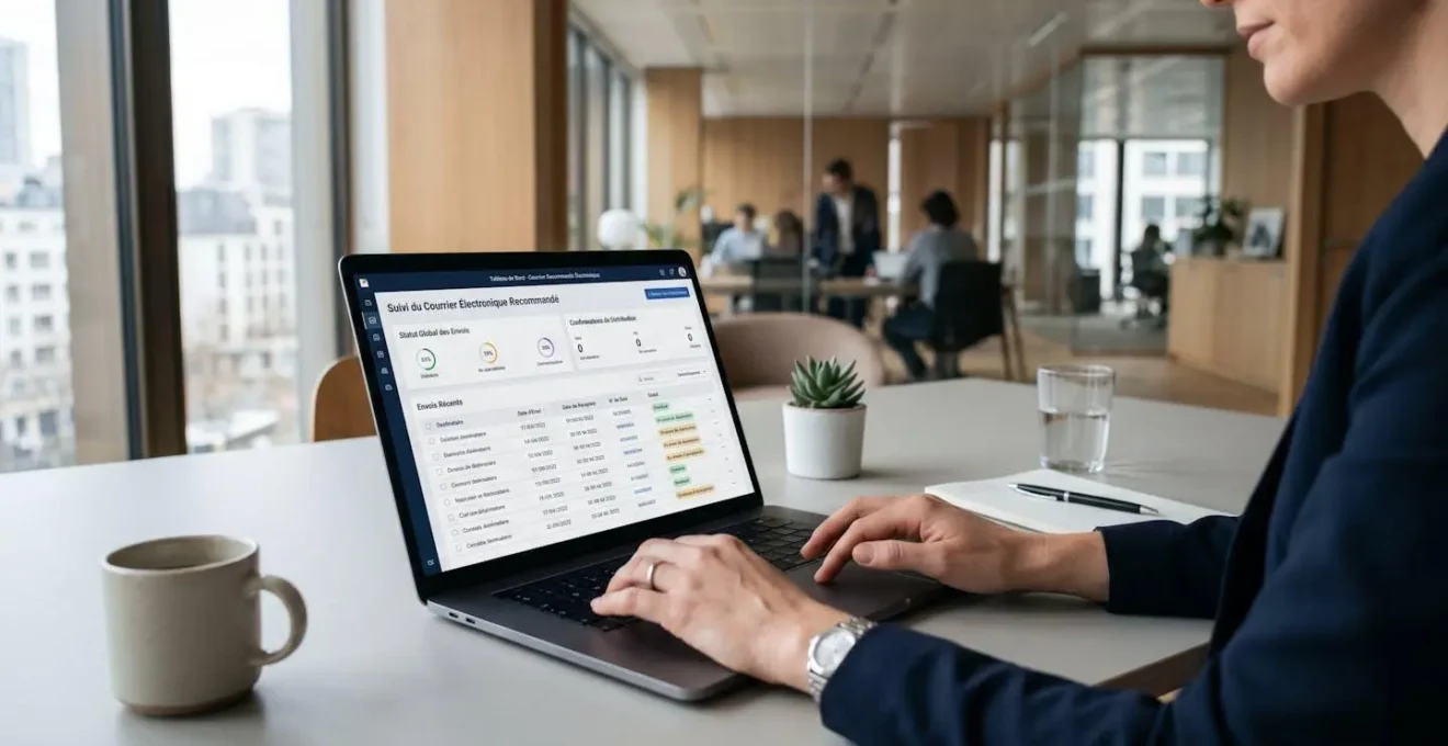 Professionnel consultant une interface de gestion de lettres recommandées électroniques sur ordinateur dans un bureau contemporain, avec tableau de bord affichant les statuts d'envoi en temps réel