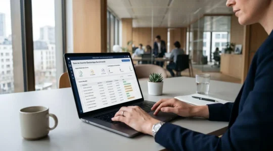 Professionnel consultant une interface de gestion de lettres recommandées électroniques sur ordinateur dans un bureau contemporain, avec tableau de bord affichant les statuts d'envoi en temps réel